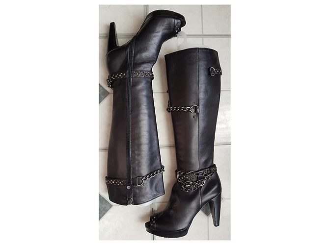 Autre Marque MARE - NEUF - Black leather boots with open toe rock Gothic style heel with silver chains Silvery - view 2