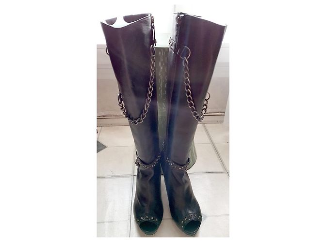 Autre Marque MARE - NEUF - Black leather boots with open toe rock Gothic style heel with silver chains Silvery - view 3