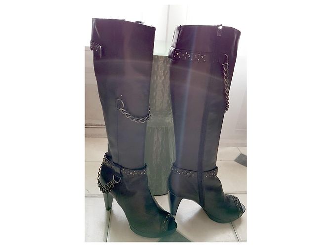 Autre Marque MARE - NEUF - Black leather boots with open toe rock Gothic style heel with silver chains Silvery - view 5