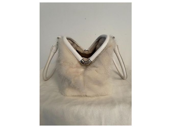 Borsa a mano Nando Muzi in pelle bianca e pelliccia di coniglio ecru Bianco Crudo - vista 5