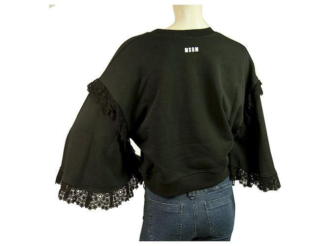 MSGM Mangas largas anchas negras w. Suéter Crop Top De Algodón De Encaje Talla S Negro - vista 2