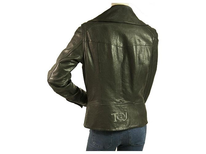 Jaqueta Trussardi Jeans Preto Couro Afastado Designer Biker Tamanho 44 - vista 2