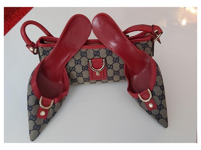 Bolso de mano Gucci de cuero rojo y tela con cierre dorado Roja Azul marino - vista 8