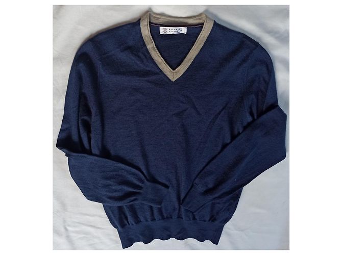 Brunello Cucinelli blauer Pullover aus Kaschmir und Seide mit V-Ausschnitt - Ansicht 3