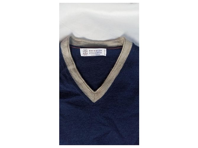 Brunello Cucinelli blauer Pullover aus Kaschmir und Seide mit V-Ausschnitt - Ansicht 4
