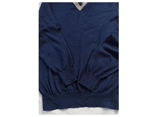 Brunello Cucinelli blauer Pullover aus Kaschmir und Seide mit V-Ausschnitt - Ansicht 6