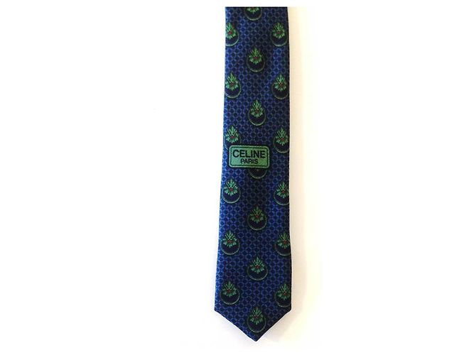 Céline Celine 100% Cravatta da uomo in seta con motivo floreale blu e verde - vista 6