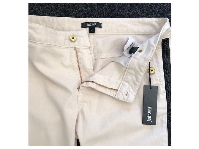 Vaqueros Just Cavalli Eggshell de algodón con detalles en cuero negro Blanco roto - vista 3