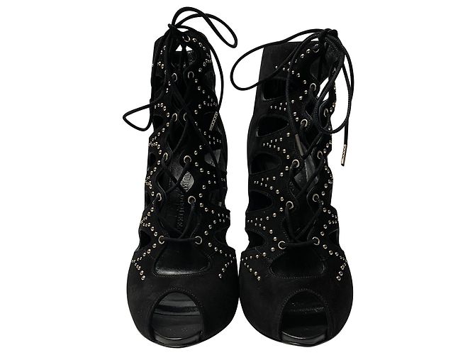 Alexander McQueen Stivali stringati con borchie e cut-out in pelle scamosciata nera Nero - vista 2