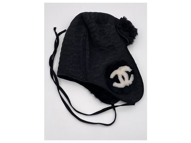 Chapéu de aviador Chanel preto shearling de mouton - vista 3
