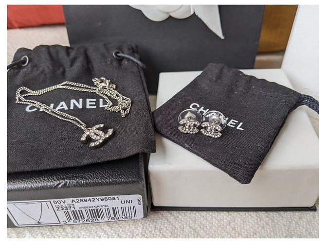 Chanel CC Classic Timeless Collana e orecchini Crystal SHW Set Argento - vista 11