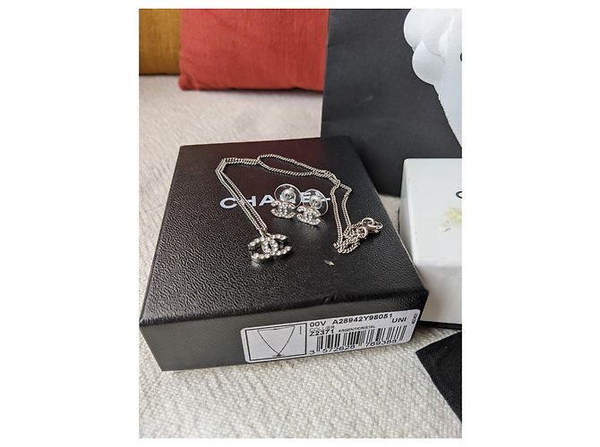 Chanel CC Classic Timeless Collana e orecchini Crystal SHW Set Argento - vista 8