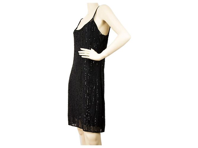 MCM Cocktailkleid mit Spaghettiärmeln und Perlen 38 Schwarz - Ansicht 3