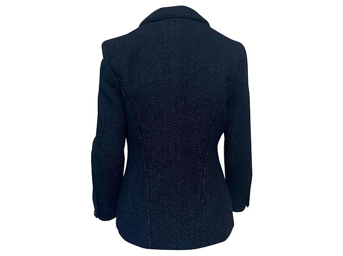 Timeless Chanel Einreihige Jacke aus blauem Tweed - Ansicht 2