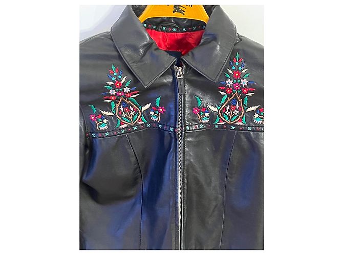 Kenzo Jeans Lederjacke schwarz mit Stickerei - Ansicht 2