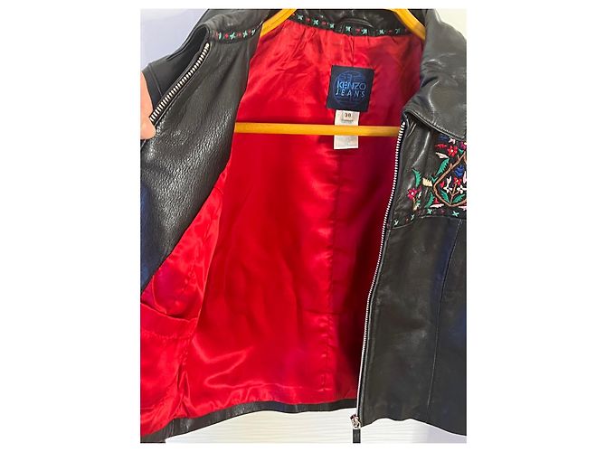 Kenzo Jeans Lederjacke schwarz mit Stickerei - Ansicht 7