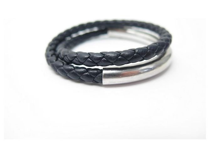 BRACCIALE CHRISTOFLE DUO COMPLICE foderato TOUR T1 ARGENTO MASSICCIO E PELLE INTRECCIATA Blu - vista 2