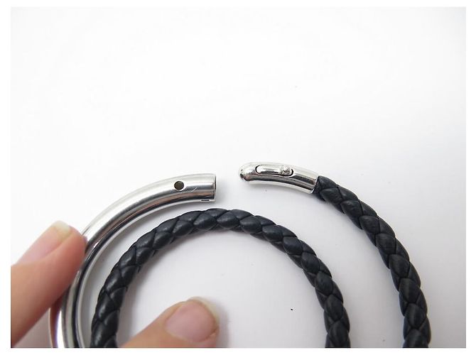 BRACCIALE CHRISTOFLE DUO COMPLICE foderato TOUR T1 ARGENTO MASSICCIO E PELLE INTRECCIATA Blu - vista 3