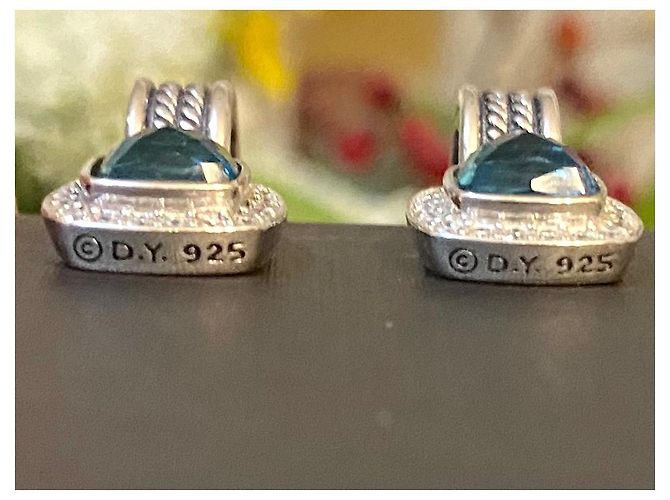 David Yurman Albion hampton blue topaz & Diamond 7mm x 7mm drop earrings Dark blue Silver hardware - view 3