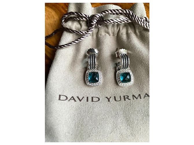 David Yurman Albion hampton blue topaz & Diamond 7mm x 7mm drop earrings Dark blue Silver hardware - view 6