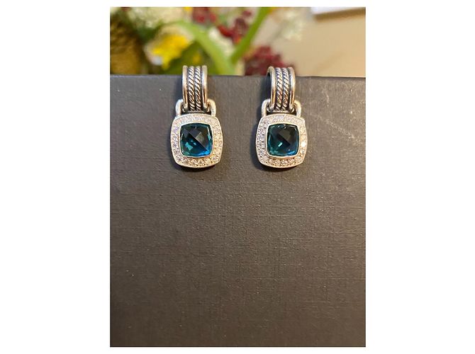 David Yurman Albion hampton blue topaz & Diamond 7mm x 7mm drop earrings Dark blue Silver hardware - view 7