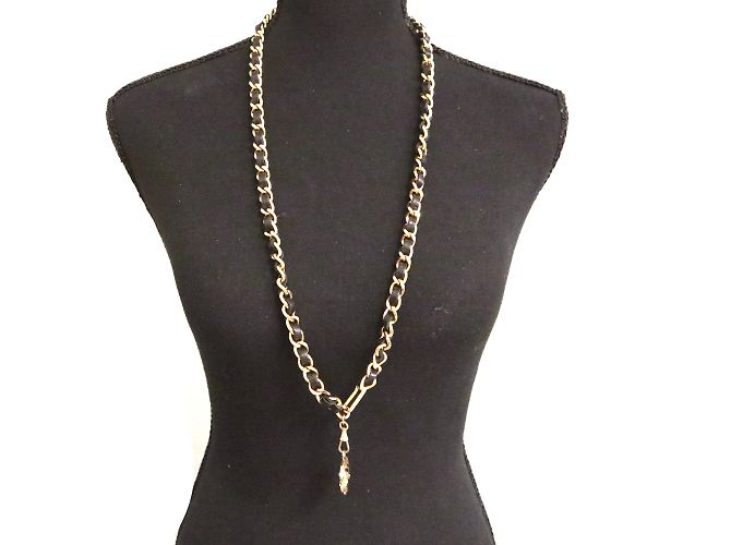 Chanel Gold Black CC Medallion Charm Charm Leather Through Chain Belt Collar Dorado - vista 13