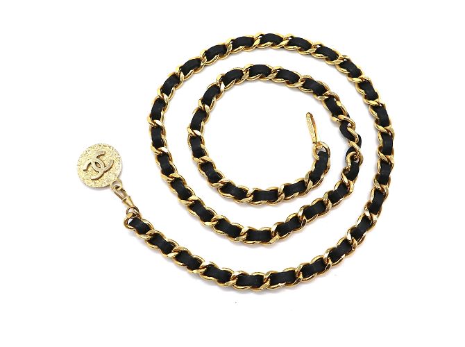 Chanel Gold Black CC Medallion Charm Charm Leather Through Chain Belt Collar Dorado - vista 3