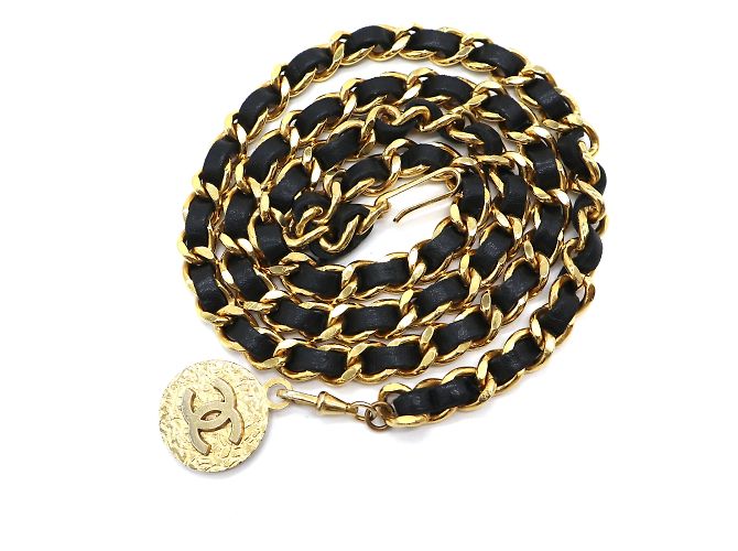 Chanel Gold Black CC Medallion Charm Charm Leather Through Chain Belt Collar Dorado - vista 4