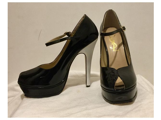 Yves Saint Laurent Tribute Mary Janes in vernice nera Nero Bianco - vista 2