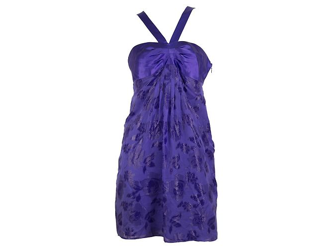 Tibi Silk Floral Daisies Jacquard Purple Y Neck Sleeveless Mini Dress -SZ 4 - view 3