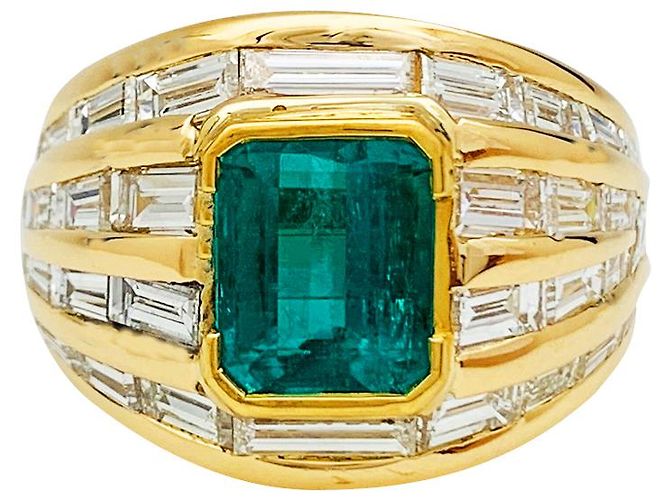 inconnue Anillo de oro amarillo, Esmeralda 2.86 quilate, palillos diamantes. - vista 4