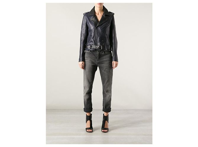 Each X Other Leather two tone biker jacket in black and navy Blue - view 2