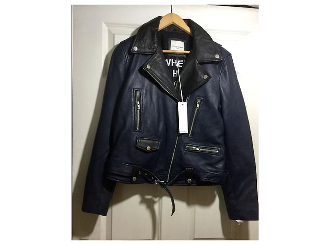 Each X Other Leather two tone biker jacket in black and navy Blue - view 3