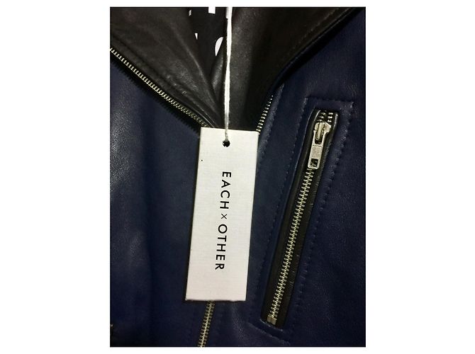 Each X Other Leather two tone biker jacket in black and navy Blue - view 6