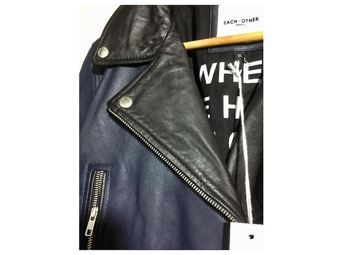 Each X Other Leather two tone biker jacket in black and navy Blue - view 7