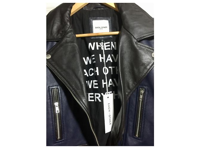 Each X Other Leather two tone biker jacket in black and navy Blue - view 8