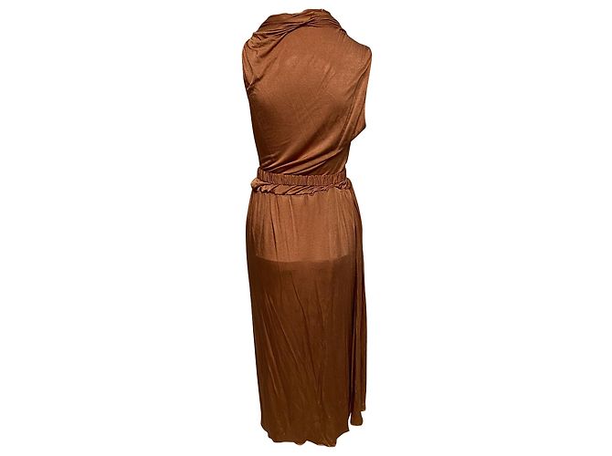 Autre Marque Dodo Bar Ora – Midikleid mit Gürtel aus braunem Satin - Ansicht 2