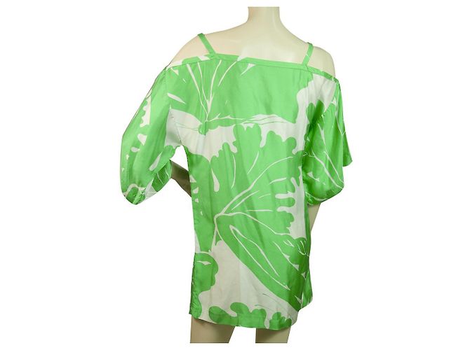 Tibi Green Leaves Blanco Floral Manga Corta Hombros Abiertos Mini Vestido Talla S Verde - vista 2