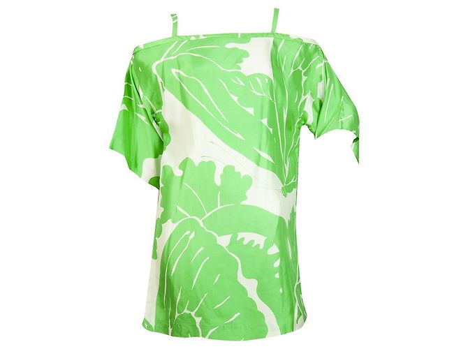Tibi Green Leaves Blanco Floral Manga Corta Hombros Abiertos Mini Vestido Talla S Verde - vista 5