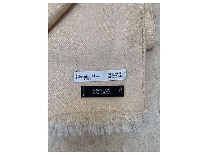 Sciarpa Christian Dior beige in seta e lana con motivo floreale - vista 3