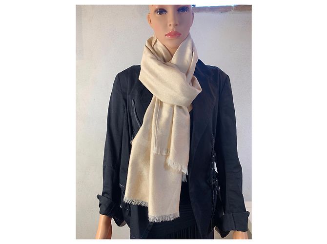 Sciarpa Christian Dior beige in seta e lana con motivo floreale - vista 6