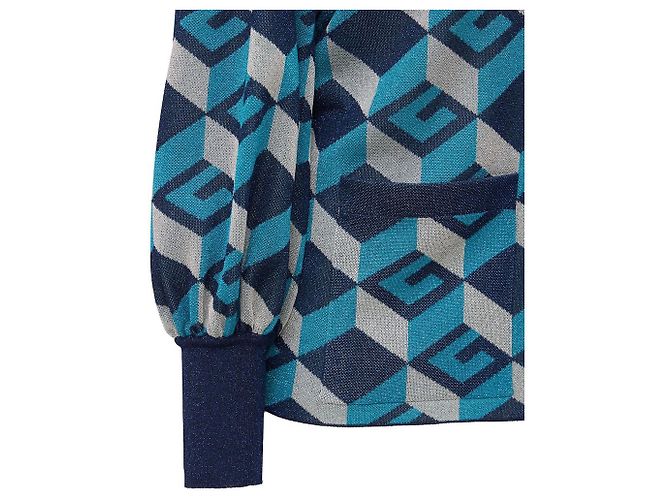 Gucci – Lamé – Jacquard-Cardigan mit geometrischem G in Blau und Silber - Ansicht 10