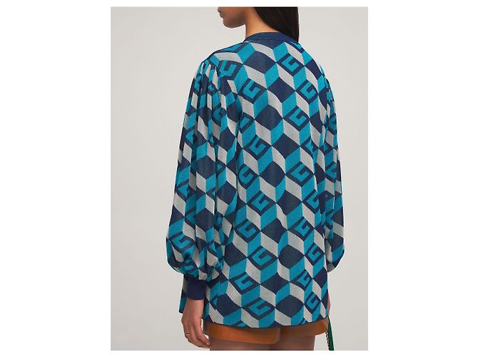 Gucci – Lamé – Jacquard-Cardigan mit geometrischem G in Blau und Silber - Ansicht 11