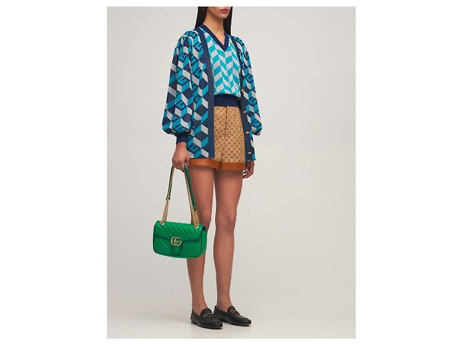 Gucci – Lamé – Jacquard-Cardigan mit geometrischem G in Blau und Silber - Ansicht 12