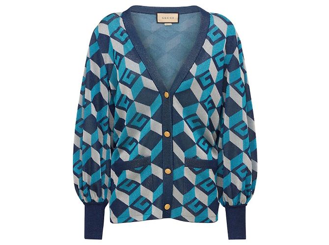 Gucci – Lamé – Jacquard-Cardigan mit geometrischem G in Blau und Silber - Ansicht 13