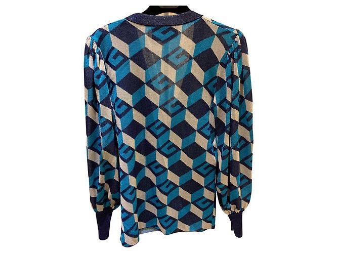 Gucci – Lamé – Jacquard-Cardigan mit geometrischem G in Blau und Silber - Ansicht 2