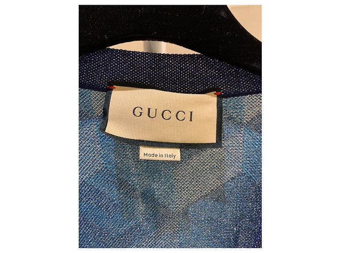 Gucci – Lamé – Jacquard-Cardigan mit geometrischem G in Blau und Silber - Ansicht 3