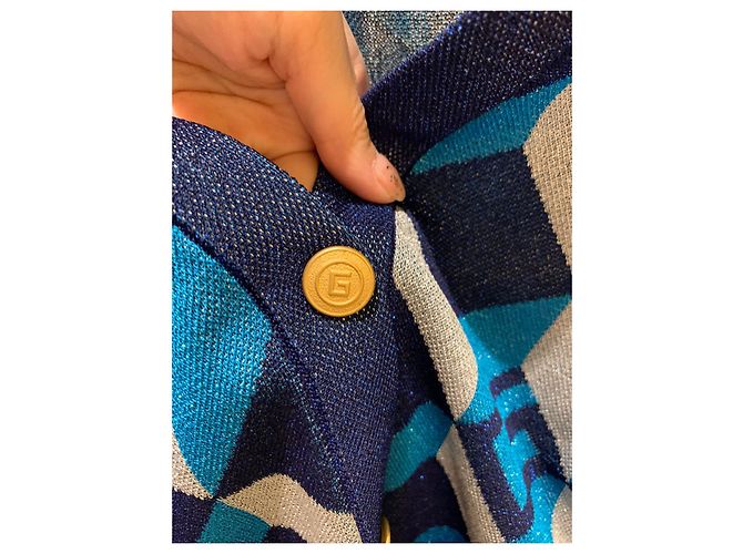 Gucci – Lamé – Jacquard-Cardigan mit geometrischem G in Blau und Silber - Ansicht 4