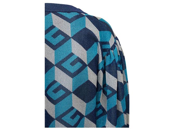 Gucci – Lamé – Jacquard-Cardigan mit geometrischem G in Blau und Silber - Ansicht 7