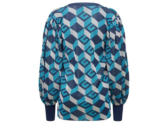 Gucci – Lamé – Jacquard-Cardigan mit geometrischem G in Blau und Silber - Ansicht 8
